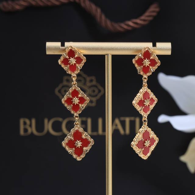 9250 布契拉提 Buccellati 意大利高级珠宝品牌 复古宫廷风带钻拉丝四叶草贝壳玛瑙玉髓双面耳钉 V金材质 18K厚金电镀 高品质 布契拉提耳钉 四叶