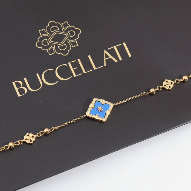 925062 布契拉提 Buccellati 意大利高级珠宝品牌 复古宫廷风带钻拉丝四叶草贝壳玛瑙玉髓双面手链 亚金材质 18K厚金电镀 高品质 布契拉提手链