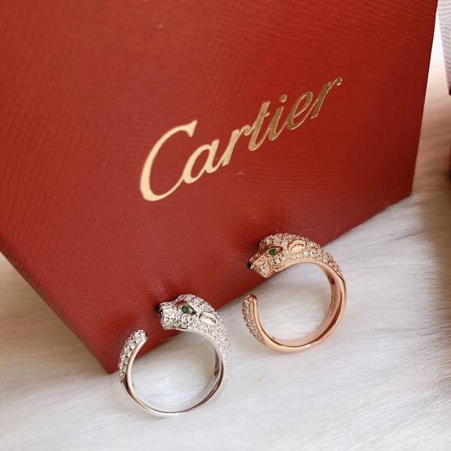 Cartier 豹子系列 满钻 窄版 豹子开口戒指 精选德国进口s925纯银材质电镀厚金 超精工 市面最高版本 玫瑰金 铂金 两色可选 开口可调节 纯银戒指