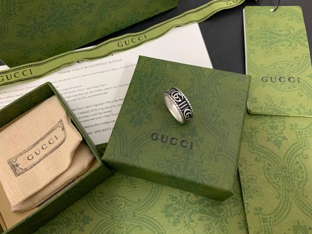 Gucci 古驰 新款 双G条纹戒指 齿轮镶边复古指环爆款 精美时尚潮流百搭款 12–24