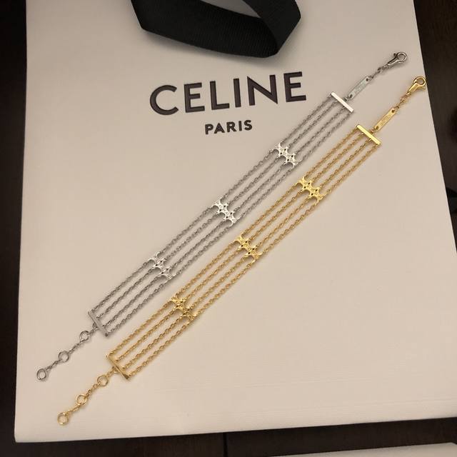 精工版本 Celine 新款赛琳手链 Preclous新品 简单时尚款式专柜一致黄铜材质电镀18K金 火爆款出货 设计独特 前卫 美女必备款！二色可选